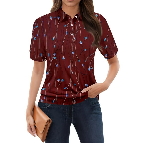 NAMTYQX Womens Summer Tops Hip Lounges Soft Lapel Short Sleeve Womens Polo Shirts Wine Size M