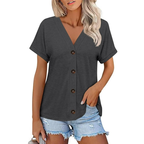 NAMTYQX Short Sleeve Shirts for Women Short Sleeve V Neck Light Plus Size Lounge Solid Color Soft Open Front Loose Trendy Dark Gray Size XL