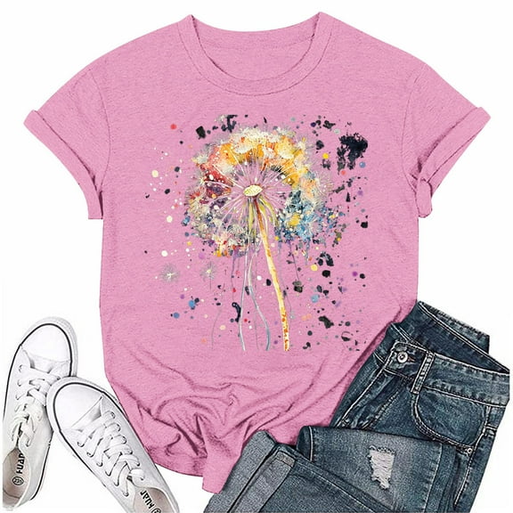 NAMTYQX Womens Summer Tops Loose Short Sleeve Oversized Crew Neck Light Patterned Muster Cool Cute Summer Tops Pink Size S