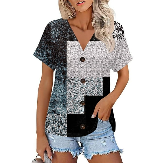 NAMTYQX Womens Summer Tops Plus Size Open Front Soft Stylish Loose Casual Light Patchwork V Neck Short Sleeve Multicolor Size XL