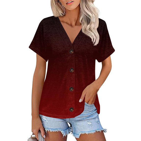 NAMTYQX Tops for Women Trendy V Neck Fashion Short Sleeve Soft Loose Fit Gradient Color Casual Open Front Lightweight Plus Size Wine Size 2XL
