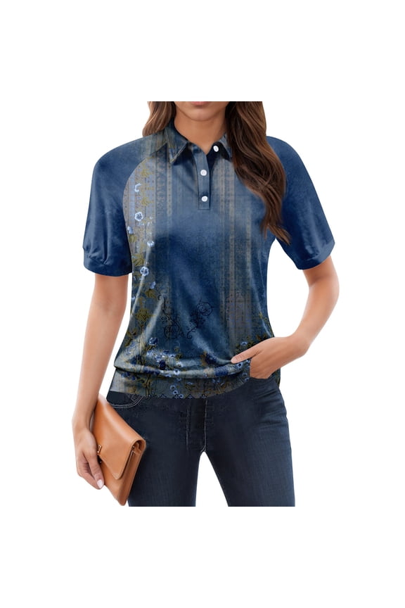 Womens Summer Tops Short Sleeve Slacking Womens Golf Shirts Soft Trendy Lapel V Neck Dark Blue Size L