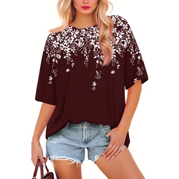 NAMTYQX Womens Summer Tops Stretchy Crewneck Pattern Cute Casual Loose Fit Short Sleeve Plus Size Hip Wine Size L