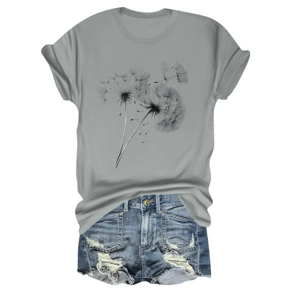 NAMTYQX Womens Summer Tops Tropischer Druck Fashion Crewneck Graphic Loose Soft Plus Size Short Sleeve Stretch Shirts for Teens Girls Light Gray Size M