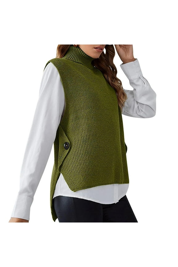 Womens Sweater Vest Knitted Pullover Sweaters for Women Turtleneck Sleeveless Army Green Size S