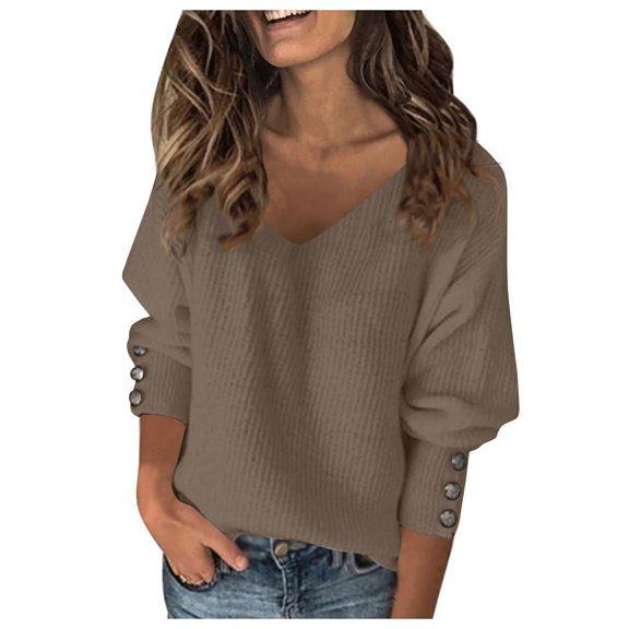 NAMTYQX Womens Sweaters V Neck Womens Pullover Sweaters Casual Long Sleeve Warm Coloured Cable Knit Loose Fit Khaki Size S