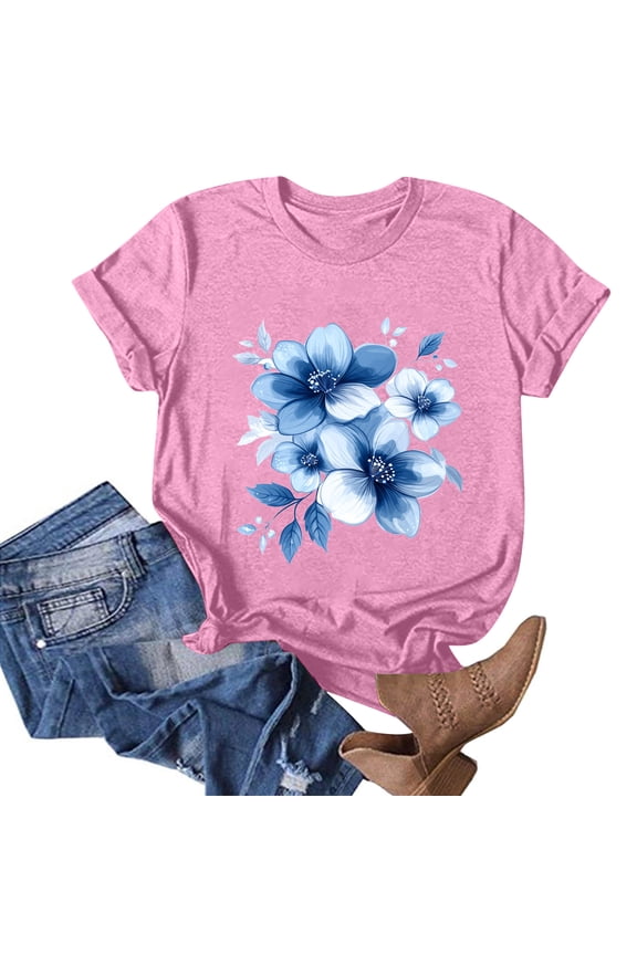 Womens T Shirts Cool Stretch Bedrucken Printed Plus Size Casual Boxy Fit Short Sleeve Round Neck Shirts for Women Pink Size L