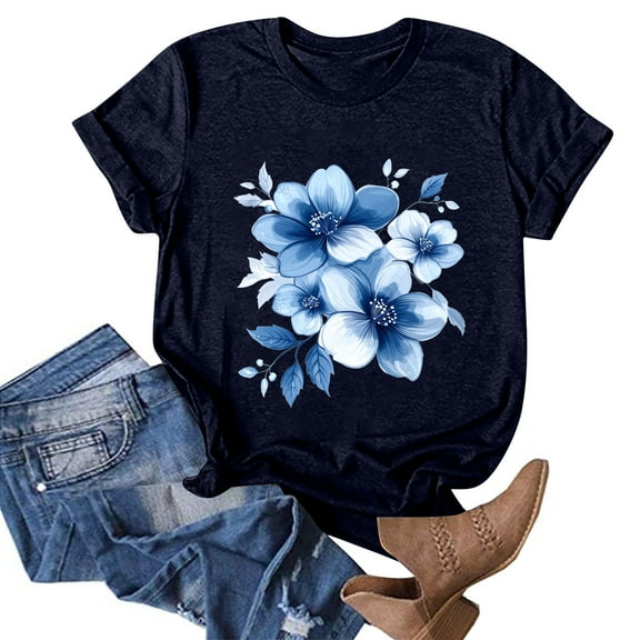 NAMTYQX Womens T Shirts Loose Fit Crewneck Cute Plus Size Printed Airoft Lightweight Short Sleeve Baggy Print Summer Tops Navy Size XL