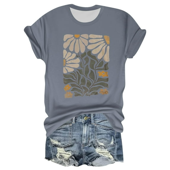 NAMTYQX Womens T Shirts Short Sleeve Gemustertes Scoop Neck Printed Trendy Breathable Loose Fitting Oversized Light Short Sleeve Tops for Women Gray Size M