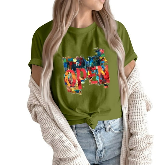 NAMTYQX Womens Tops Casual Relaxed Fit Cool Stretchy Print O-Neck Plus Size Bedrucken Short Sleeve Casual Women's T-Shirts Army Green Size 5XL