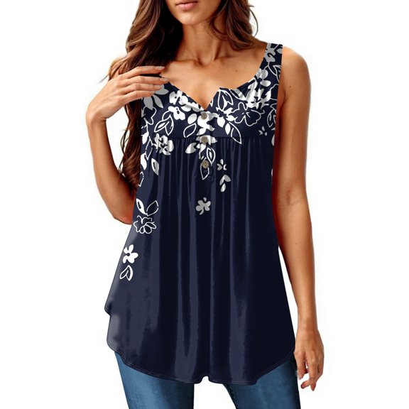 NAMTYQX Womens Tops Dressy Casual Button V Neck Graphic Relaxed Fit Fashion Sleeveless Plus Size Shirts for Women Trendy Navy Size 5XL