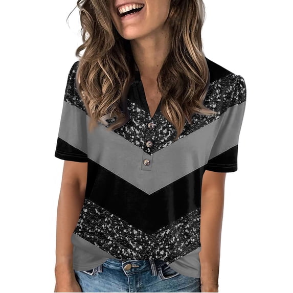 NAMTYQX Womens Tops Dressy Casual Casual Short Sleeve Comfort Trendy Plus Size Button V Neck Soft Boxy Fit Dark Gray Size M