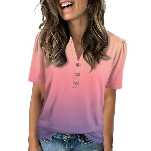 NAMTYQX Womens Tops Dressy Casual Loose Fit Plus Size Soft Short Sleeve Casual Button V Neck Trending Comfort Pink Size 3XL