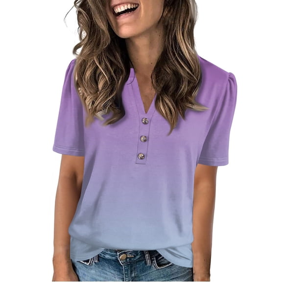 NAMTYQX Womens Tops Dressy Casual Loose Fitting Casual Button V Neck Short Sleeve Soft Fashion Comfort Plus Size Purple Size M