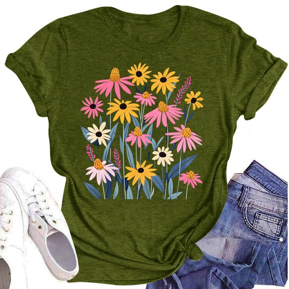 NAMTYQX Womens Tops Dressy Casual Oversize Crewneck Airoft Stretch Comfy Short Sleeve Bedrucktes Hawaiian Graphic Basic Tees for Women Army Green Size L