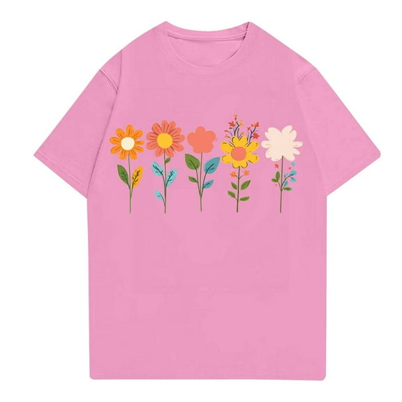 NAMTYQX Womens Tops Dressy Casual Plus Size Loose Print Stretchy Short Sleeve Bedrucktes Simple Breathable Round Neck T Shirts for Women Pink Size 2XL