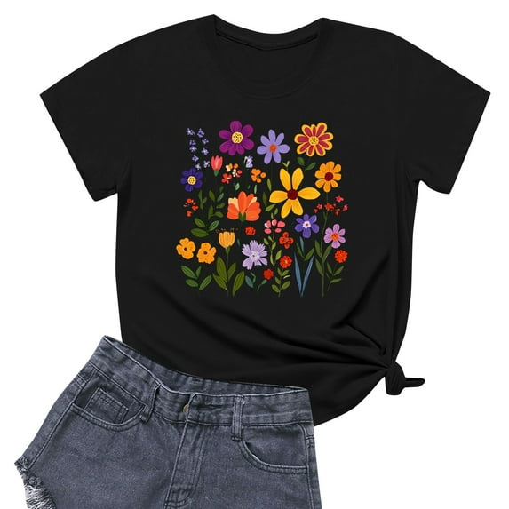 NAMTYQX Womens Tops Dressy Casual Print Soft O-Neck Hip Graphic Loose Short Sleeve Lightweight Plus Size Spring Tops for Women 2025 Black Size M