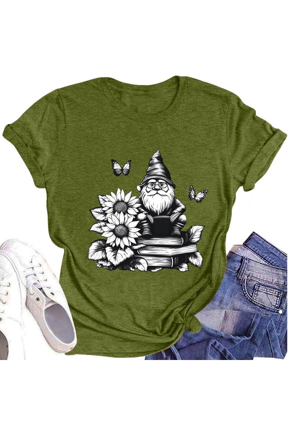 Womens Tops Lightweight Print Oversized Round Neck Soft Hawaiian Loose Fit Short Sleeve Mit Print Womens Oversized Tee Shirts Army Green Size S