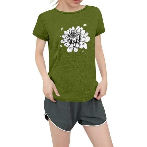 NAMTYQX Womens Tops Loose Fit Graphic Basic mit Muster Plus Size Cool Stretch Crewneck Short Sleeve Floral Tops for Women Army Green Size 2XL