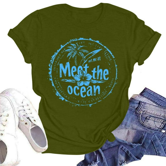 NAMTYQX Womens Tops Oversized Relaxed Fit Soft Print Short Sleeve Basic Light Crewneck Gemustert Blouses for Women Casual Army Green Size L