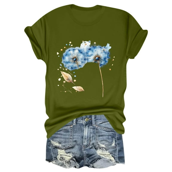 NAMTYQX Womens Tops Print Gemustert Crewneck Soft Plus Size Casual Light Loose Fit Short Sleeve Plus Size Blouses for Women Green Size S