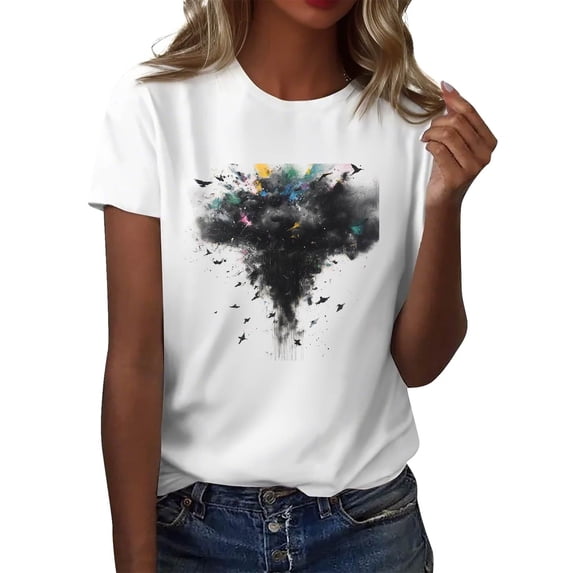 NAMTYQX Womens Tops Short Sleeve Breathable Looses Casual Stretch Printed Crew Neck Oversized Gemusterte Womens Casual Tops Black Size 3XL