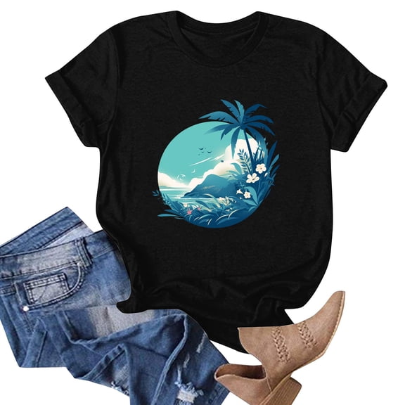 NAMTYQX Womens Tops Stretch Oversized Baggy Short Sleeve Cute Print Crewneck Print Airoft Fall Shirts for Women 2025 Black Size S