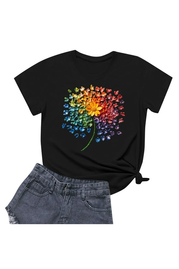 Womens Tshirts Cotton Loose Fit Mit Print Loose Stylish Light Scoop Neck Plus Size Short Sleeve Soft Print Summer Shirts for Women Black Size S