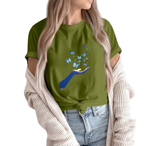 NAMTYQX Womens Tshirts Cotton Loose Fit Plus Size Loose Breathable Stretch Trending Gemustert Pattern Short Sleeve Crewneck Cute Summer Tops for Women Army Green Size L