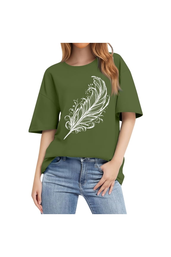 Womens Tshirts Cotton Loose Fit Round Neck Soft Plus Size Gemustertes Stretch Relaxed Fit Patterns Short Sleeve Basic Tshirts Shirts for Women Army Green Size 2XL