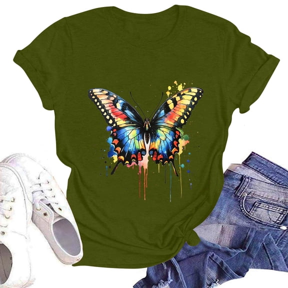 NAMTYQX Womens Tshirts Cotton Loose Fit Stretch Baggys Oversize Print Cool Round Neck Short Sleeve Mit Muster Casual Shirts for Women Army Green Size 2XL