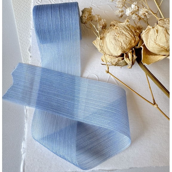 NAMZI 1 Rolls 1.5 Inch Chiffon Crinkle Silk Ribbon, Shining Handmade Fabric for Bow Decoration, Wedding Invitations & Crafts, Blue