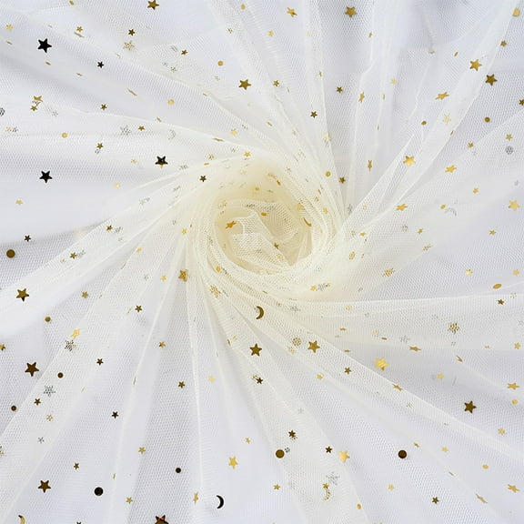 NAMZI 1 Yard x 59 Inch Glitter Tulle Fabric, Star Moon Sequin Netting for DIY Tutus & Wedding Party Decor, Beige