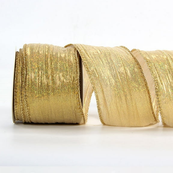 NAMZI 10 Yard Continuous 2.5 Inch Crinkled Wired Ribbon, Metallic Wavy Christmas Style for Tree Topper, Wreaths, Gift Wrapping, Bows & Wedding Decor, Golden