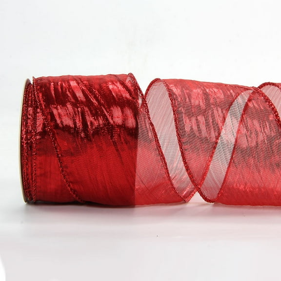 NAMZI 10 Yard Continuous 2.5 Inch Crinkled Wired Ribbon, Metallic Wavy Christmas Style for Tree Topper, Wreaths, Gift Wrapping, Bows & Wedding Decor, Red