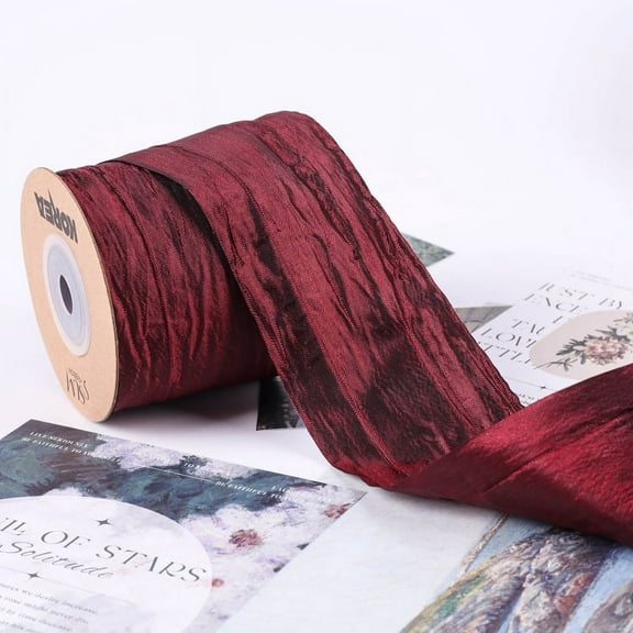 NAMZI 10 Yards 2inch Crinkled Satin Ribbon, Silk-Like for Gift Wrapping, Crafts, Wreaths, Bouquets & Bows, Wine Red