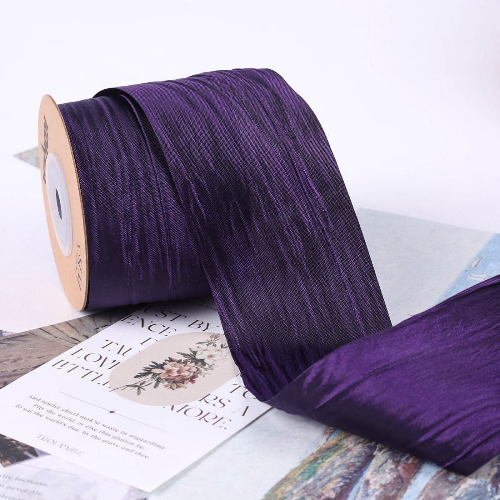 NAMZI 10 Yards 2inch Wired Crinkled Satin Ribbon, Silk-Like for Gift Wrapping, Crafts, Wreaths, Bouquets & Bows, Dark Purple B
