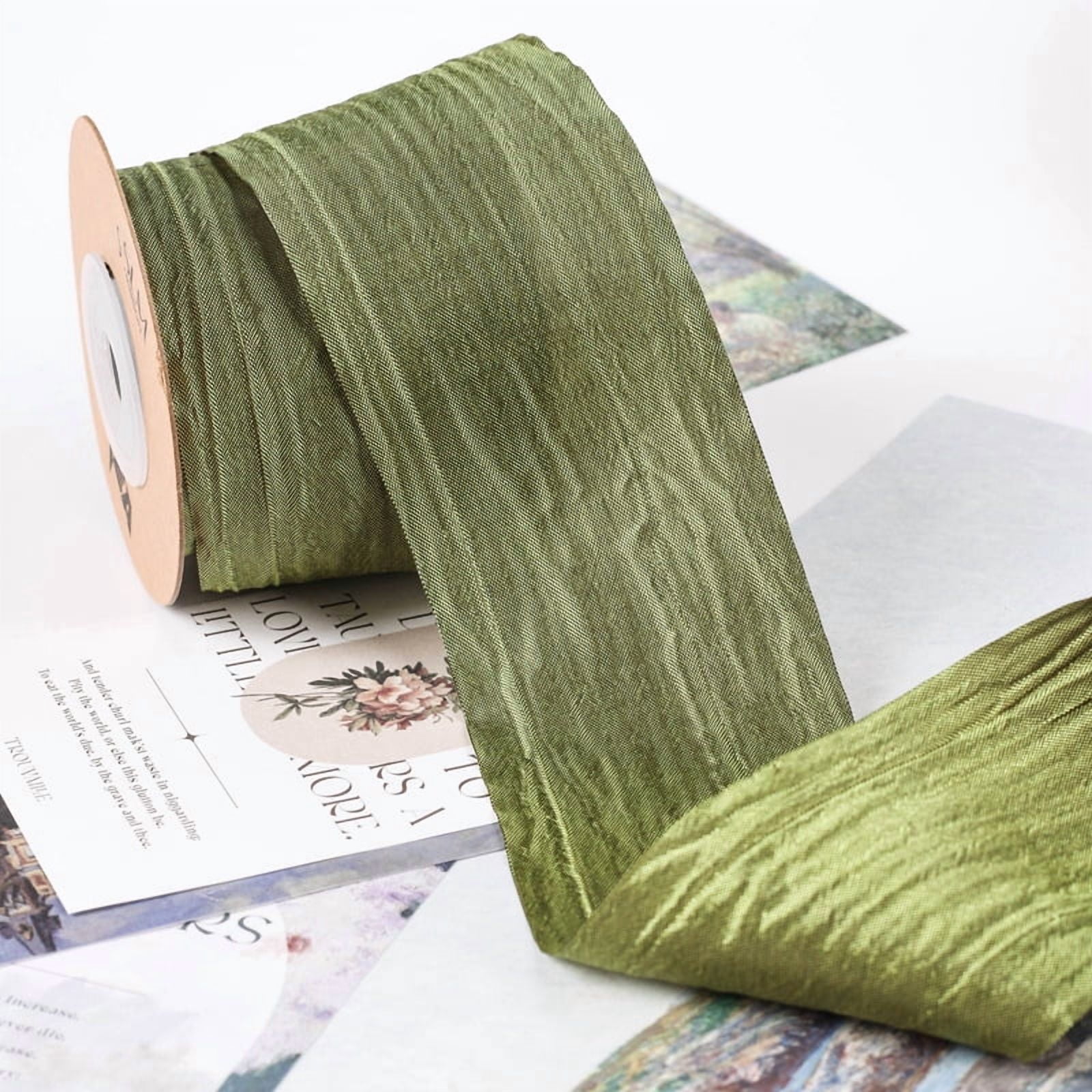 NAMZI 10 Yards 2inch Wired Crinkled Satin Ribbon, Silk-Like for Gift Wrapping, Crafts, Wreaths, Bouquets & Bows, Olive Green