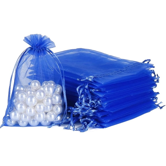 NAMZI 100pcs Organza Bags, 5x7 inch Mesh Drawstring Gift Bags Jewelry Pouches for Christmas Candy Party Favor, Dark Blue