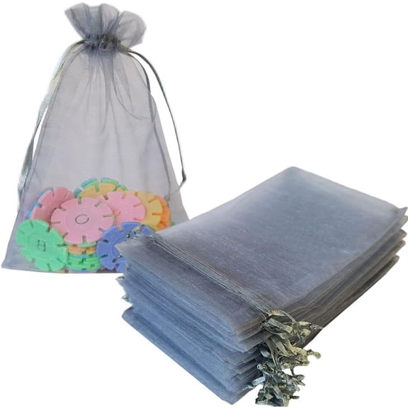 NAMZI 100pcs Organza Bags, 5x7 inch Mesh Drawstring Gift Bags Jewelry Pouches for Christmas Candy Party Favor, Grey