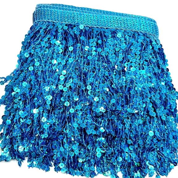 NAMZI 11 Yard 6.1 Inch Sequins Fringe Trim, Sequins Lace Sparkling Fringe Trim Tassel Ribbon for DIY Latin Dance Dress Clothing Sewing Craft Decor, Blue