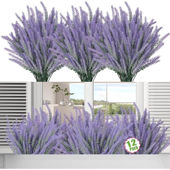 NAMZI 12 Bundles Fake Flowers Artificial Lavender Faux Plastic Purple Flowers (Gray Purple)