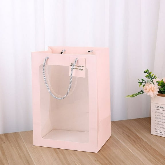 NAMZI 12 Pcs Mother's Day Clear Gift Bag with Window Transparent Bouquet Gift Bags with Handle Graduation Paper Bags Totes Flower Bags for Wedding 13.8*9.8*5.9inch (Pink)