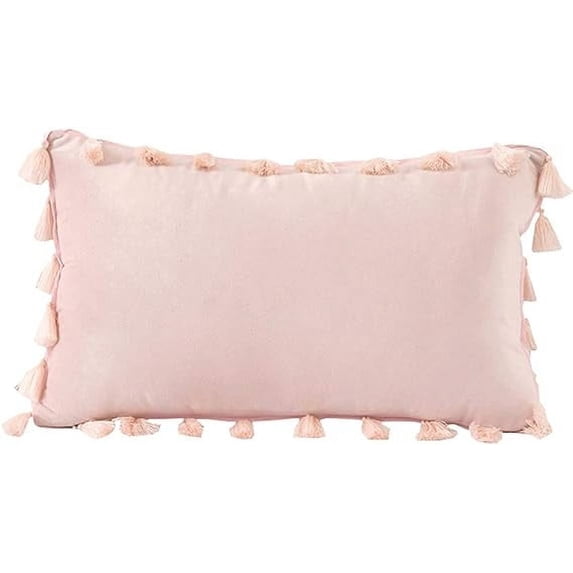 NAMZI 12''x20'' Velvet Soft Solid Boho Throw Pillow Cover, Decorative Tasseled Accent Cushion Case for Couch, Bedroom & Car, Pink