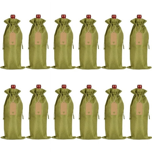 NAMZI 12PCS Wine Gift Bag with Drawstring, 13.78×5.9inch Reusable Bottle Wrap Dresses Pouches for Birthday Wedding Party Favors Blind Tasting（Green）