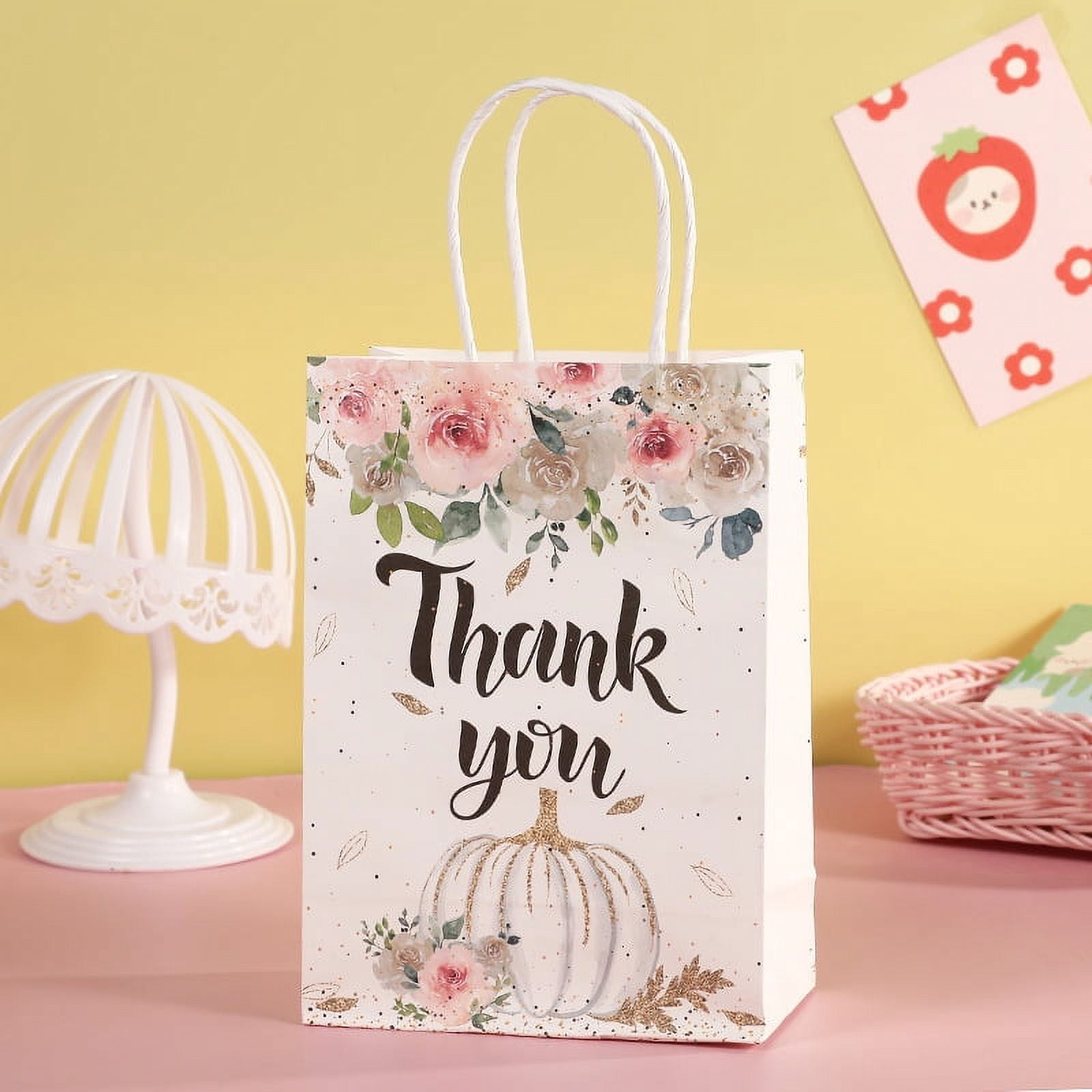12 Pack Thank You Gift Bags With Handles - Pink & Gold Metallic, 9x7x3.15", With Tissue & Bows