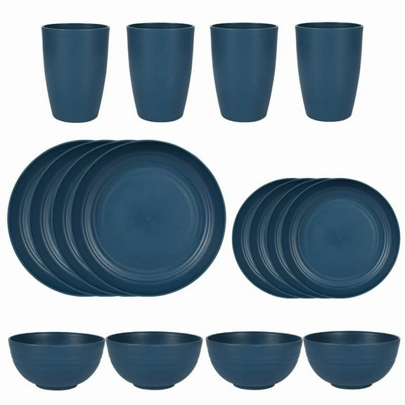 NAMZI 16Piece Wheat Straw Dinnerware Set for 4, All-In-One Plastic Plates & Bowls, Dishwasher-Safe Camping Dishes for Family Gatherings, Outdoor Trips & Daily Meals,Dark Blue
