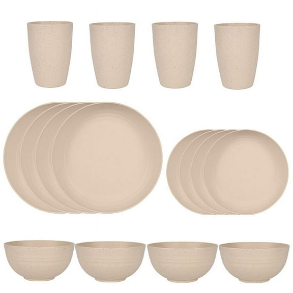 NAMZI 16Piece Wheat Straw Dinnerware Set for 4, All-In-One Plastic Plates & Bowls, Dishwasher-Safe Camping Dishes for Family Gatherings, Outdoor Trips & Daily Meals,Beige