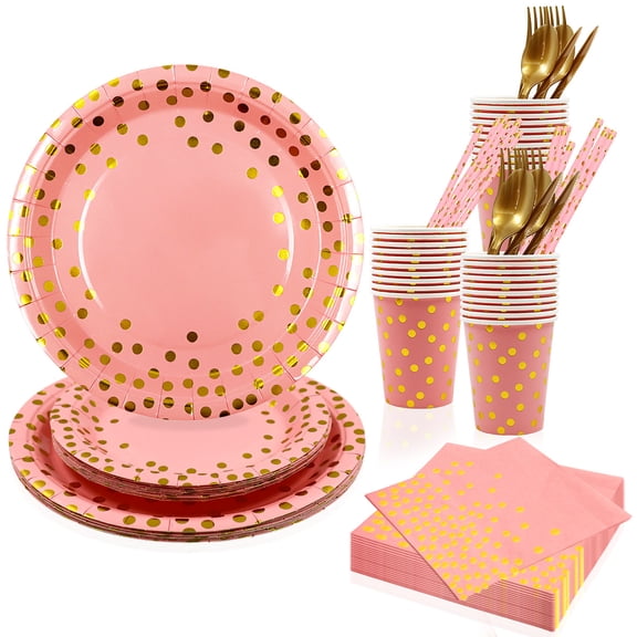 NAMZI 180PCS Pink and Gold Party Supplies, Serves 20 Disposable Party Dinnerware Set, Gold Plastic Forks/Knives/Spoons, Golden Dot Paper Plates, Napkins & Cups for Graduation, Birthday & Wedding