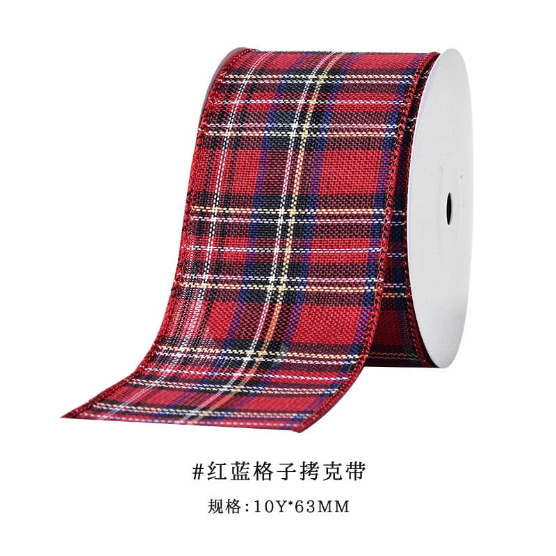 NAMZI 2.5 Inch x 10 Yards Christmas Wired Buffalo Plaid Burlap Ribbon, Ideal for Xmas Gift Wrapping, DIY Crafts & Birthday Party Decorations, Red Blue